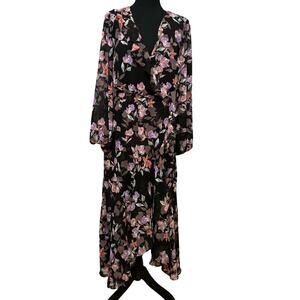 Bar III Long Sleeve Black V-neck Floral Tea-Length Hi-Lo women's dress Size Med